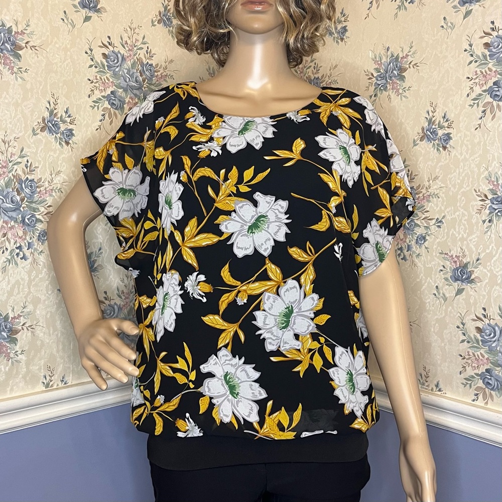 Neineiwu Black, Yellow Leaves Loose Casual Short Sleeve Chiffon Blouse, Size M